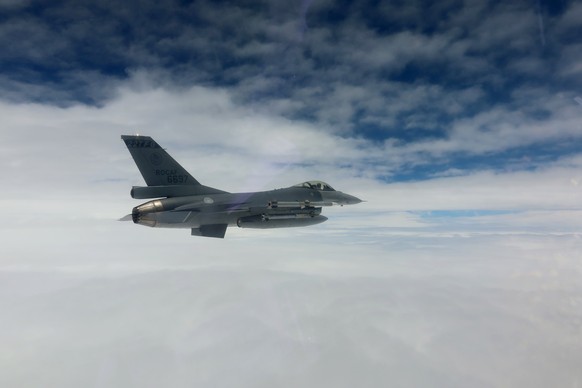 epa11365466 A handout photo taken 23/24 May 2024 made available by the Taiwan Ministry of National Defense on 24 May 2024, shows Taiwan?s F-16 fighter jets being dispatched at an undisclosed location  ...