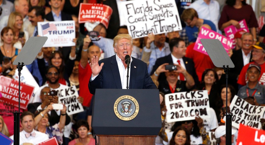 U.S. President Donald Trump speaks during his &quot;Make America Great Again&quot; rally at Orlando Melbourne International Airport in Melbourne, Florida, U.S. February 18, 2017. REUTERS/Kevin Lamarqu ...