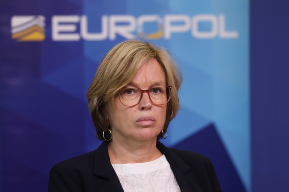 epa10854095 Europol Executive Director Catherine De Bolle gives a press conference to announce the first flagship report of the European Financial and Economic Crime Center in Brussels, Belgium, 11...