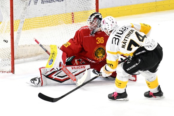 Tigers Goalie Martin Neckar, geschlagen zum 2:3 von Ajoies Julius Naettinen, beim Eishockey-Qualifikationsspiel der National League, zwischen den SCL Tigers und dem HC Ajoie, am Freitag 23. Januar 202 ...