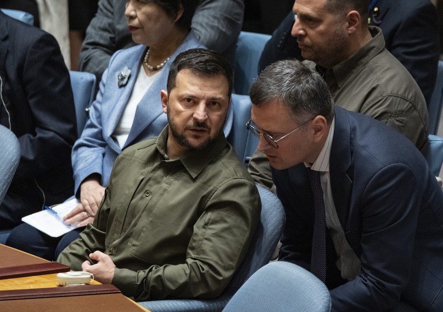 Ukrainian President Volodymyr Zelenskyy attends a high level Security Council meeting during the 78th session of the United Nations General Assembly at U.N. headquarters, Wednesday, Sept. 20, 2023. (A ...