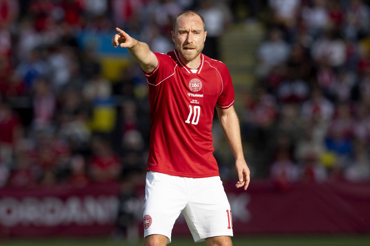 epa13023330 Denmark's Christian Eriksen reacts during the international soccer friendly match Denmark against Ukraine at Odense Stadium, in Odense, Denmark, 07 June 2026. EPA/Bo Amstrup DENMARK O ...