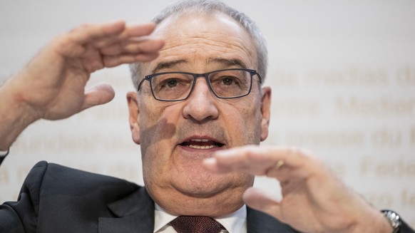 Swiss Federal Councillor Guy Parmelin speaks during a press conference on the new import tariffs into the US, Friday, November 14th, 2025, in Berne, Switzerland. (KEYSTONE/Alessandro della Valle)