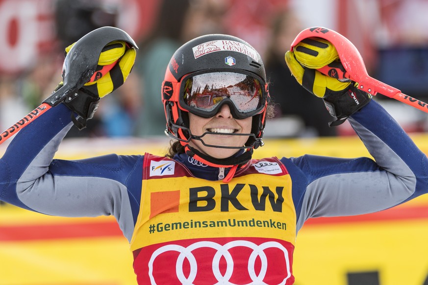 Federica Brignone from Italy reacts in the finish area during the women&#039;s Slalom race of the Alpine Combined at the FIS Alpine Skiing World Cup event in Crans-Montana, Switzerland, Sunday, Februa ...