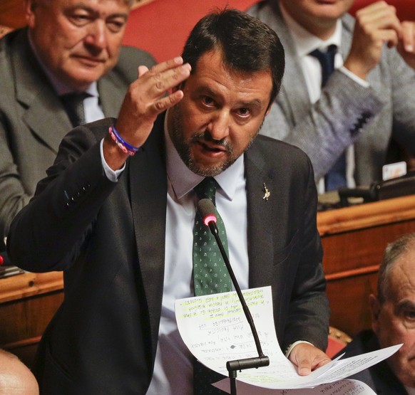 Italian Deputy-Premier Matteo Salvini speaks at the Senate in Rome, Tuesday, Aug. 20, 2019. Italian Premier Giuseppe Conte blasted the League&#039;s leader and Interior Minister Matteo Salvini for his ...