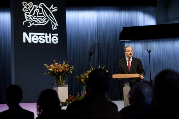 Nestle&#039;s CEO Ulf Mark Schneider speaks during the general meeting of the world&#039;s biggest food and beverage company, Nestle Group, in Lausanne, Switzerland, Thursday, April 12, 2018. (KEYSTON ...