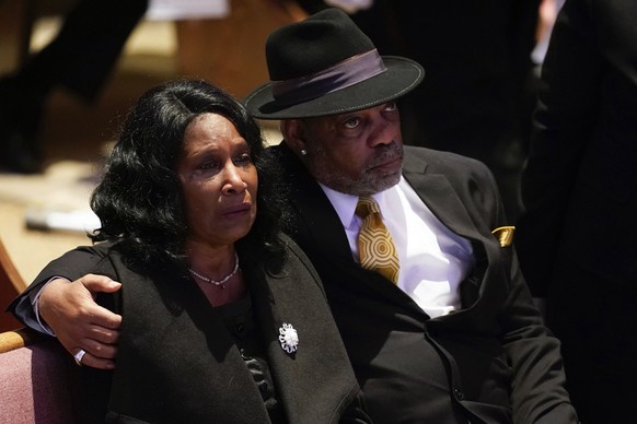 FILE - RowVaughn Wells cries as she and her husband Rodney Wells attend the funeral service for her son Tyre Nichols at Mississippi Boulevard Christian Church in Memphis, Tenn., on Wednesday, Feb. 1,  ...