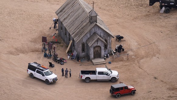 This aerial photo shows the Bonanza Creek Ranch in Santa Fe, N.M., Saturday, Oct. 23, 2021. Actor Alec Baldwin fired a prop gun on the set of a Western being filmed at the ranch on Thursday, Oct. 21,  ...