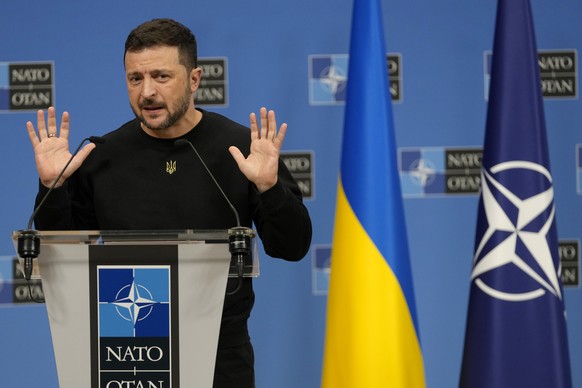 Ukraine&#039;s President Volodymyr Zelenskyy speaks during a media conference at NATO headquarters in Brussels, Thursday, Oct. 17, 2024. (AP Photo/Virginia Mayo)