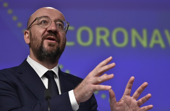 epa08363933 The President of the European Council Charles Michel holds a press conference on the European Union (EU) response to the coronavirus COVID-19 disease crisis at the EU headquarters in Bruss ...