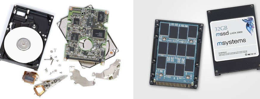 Ein herkömmliches Festplattenlaufwerk (links) und eine SSD (rechts).
