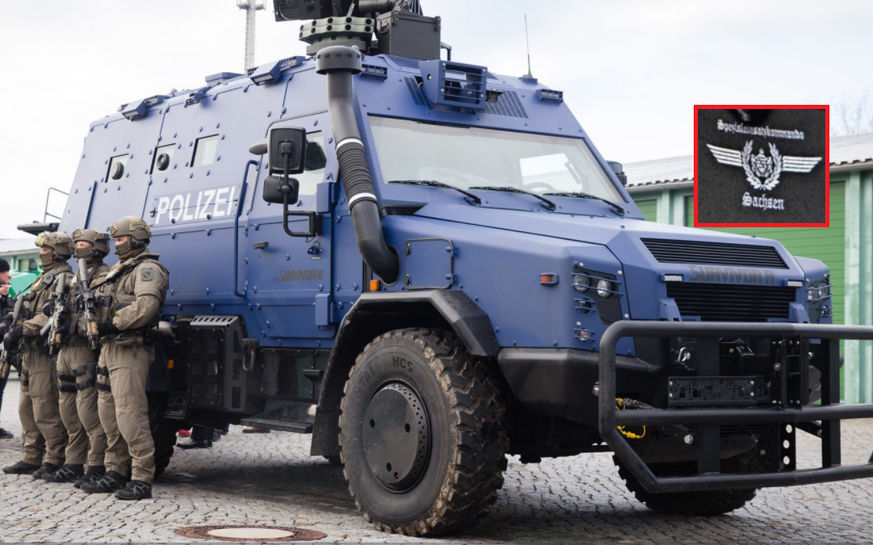 Der Anti-Terror-Panzer «Survivor R», der neue Stolz der Polizei Sachsen. Wenn da nur eine Stickerei nicht wäre ...