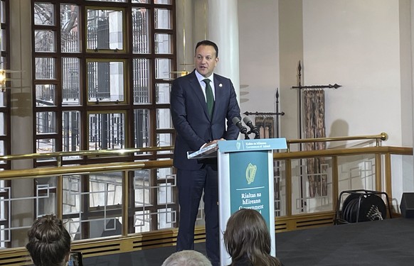 Taoiseach Leo Varadkar speaks at the British-Irish Council to condemn the violence in Dublin City Centre on Thursday night, at Dublin Castle, Friday Nov. 24, 2023. (Gr�inne N� Aodha/PA via AP)