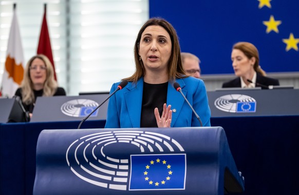 epa12726072 Marilena Raouna, Deputy Minister for EU Affairs of Cyprus, speaks during a debate on urgent actions to revive EU competitiveness, deepen the EU single market, and reduce the cost of living ...