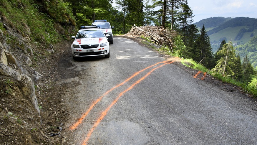 Des voitures de police photographiees proche des traces laissees par la voiture accidentee qui etait occupee par 6 personnes sur la route de Jaman ce jeudi 1 juin 2017 a Caux. Un jeune homme originair ...