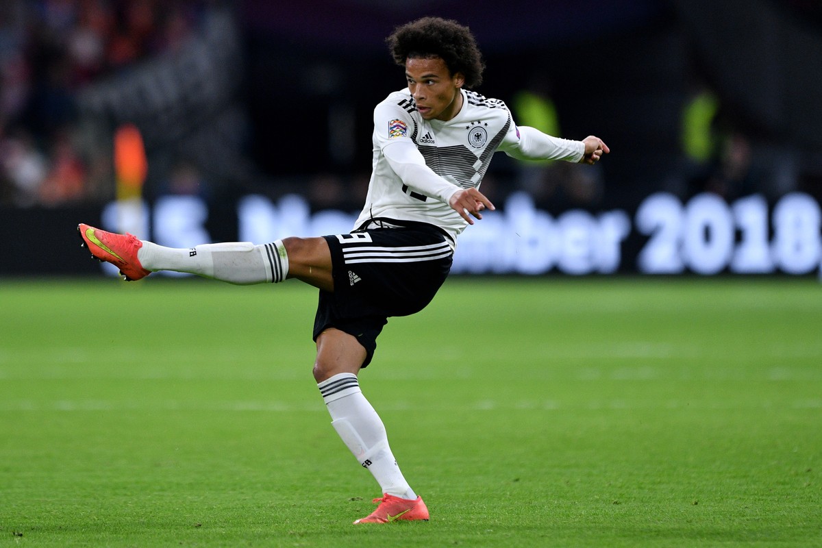 epa07091679 Germany's Leroy Sane in action during the UEFA Nations League, league A, group 1, soccer match between the Netherlands and Germany at Wildredo Pencoin Amsterdam, Netherlands, 13 Octob ...