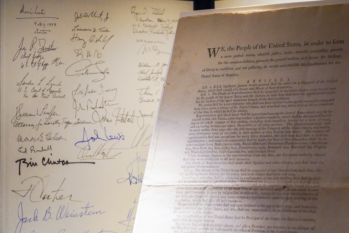 A detail of a first printing of the United States Constitution is seen on display at Sotheby's auction house during a press preview for the upcoming auction, Friday, Nov. 5, 2021, in New York. (A ...