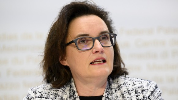 Marlene Amstad, Verwaltungspraesident FINMA, spricht waehrend der Jahresmedienkonferenz der Eidgenoessischen Finanzmarktaufsicht FINMA, am MIttwoch, 5. April 2022 in Bern. (KEYSTONE/Anthony Anex)