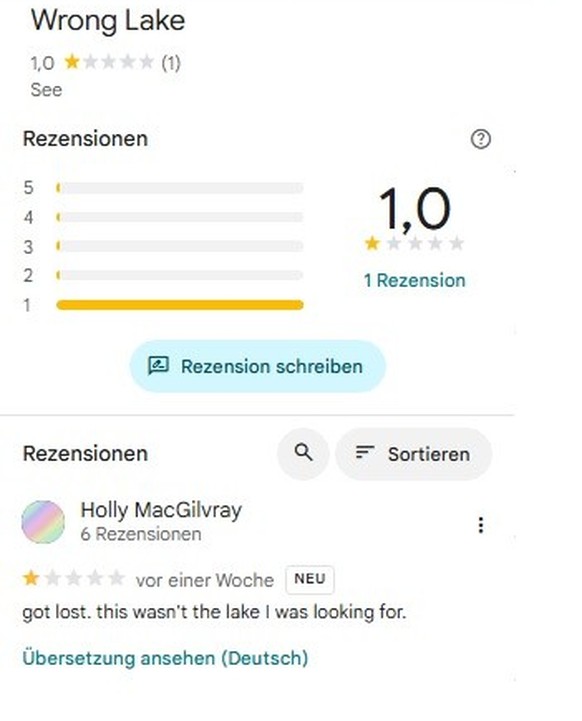 Google Rezension: Wrong Lake