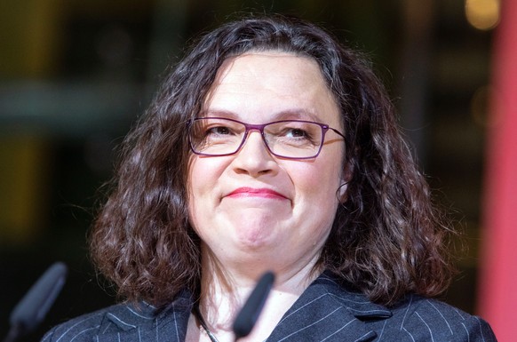 epa07127478 Leader of the German Social Democratic Party (SPD) Andrea Nahles gives a press statement after first exit polls during the Hessian state elections at the party&#039;s headquarters in Berli ...