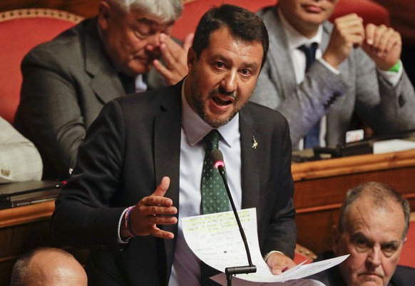 Italian Deputy-Premier Matteo Salvini speaks at the Senate in Rome, Tuesday, Aug. 20, 2019. Italian Premier Giuseppe Conte blasted the League&#039;s leader and Interior Minister Matteo Salvini for his ...