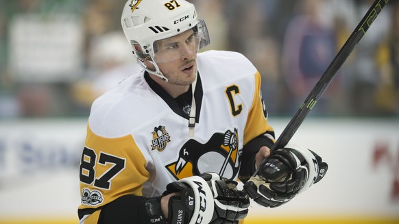 Feb 28, 2017; Dallas, TX, USA; Pittsburgh Penguins center Sidney Crosby (87) skates in warm-ups prior to the game against the Dallas Stars at the American Airlines Center. Mandatory Credit: Jerome Mir ...