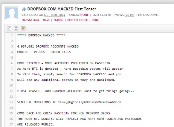 Hacker brüsten sich im Internet mit Dropbox-Hack.