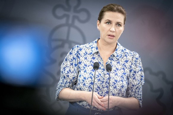 Denmark&#039;s Prime Minister Mette Frederiksen, speaks, during a coronavirus press conference, in the Mirror Room of the Prime Minister&#039;s Office in Copenhagen, Wednesday, June 2022. Denmark&#039 ...