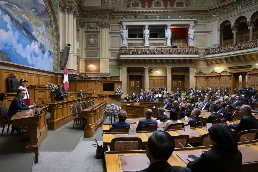 Bundespraesidentin Viola Amherd spricht bei der Ueberbringung der Neujahrsgruesse durch das Diplomatische Corps waehrend des traditionellen Neujahrsempfangs am Mittwoch, 10. Januar 2024, in Nationalra ...