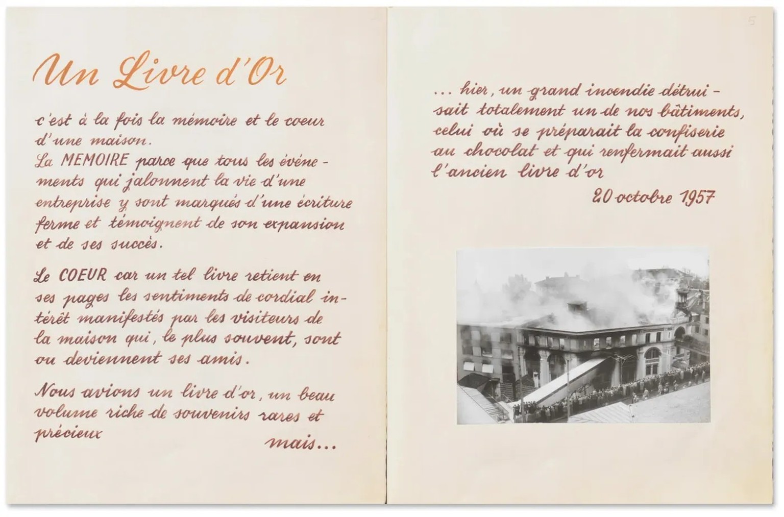 Die ersten Seiten des zweiten Suchard-Gästebuchs thematisieren den Brand der Fabrik «L’Orientale» im Jahr 1957 und die Zerstörung des ersten Bandes.
https://floraweb.ne.ch/flora/ark:/37964/001713111