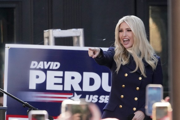 Ivanka Trump, Assistant to the President, speaks during a campaign rally for Republican Georgia Senators Kelly Loeffler and David Perdue, Monday, Dec. 21, 2020, in Milton, Ga. (AP Photo/John Bazemore) ...