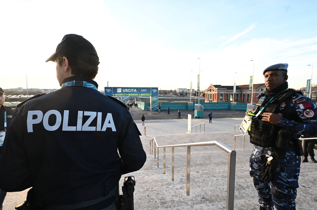 Winter Olympics - Qatar Police Patrol with The Carabinieri Qatar Police patrol with Italian Carabinieri Police outside the Milan Santagiulia Ice hockey, Eishockey Arena as part of the Milan Cortina 20 ...