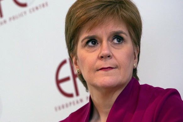 FILE - In this Feb. 10, 2020, file photo, Scotland&#039;s First Minister Nicola Sturgeon speaks during an event &#039;Scotland&#039;s European Future after Brexit&#039; at the European Policy Center i ...