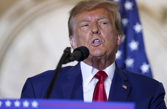 FILE - Former President Donald Trump speaks Tuesday, April 4, 2023 at his Mar-a-Lago estate in Palm Beach, Fla.  A senior lawyer for former President Donald Trump says he is leaving the legal team, a…
