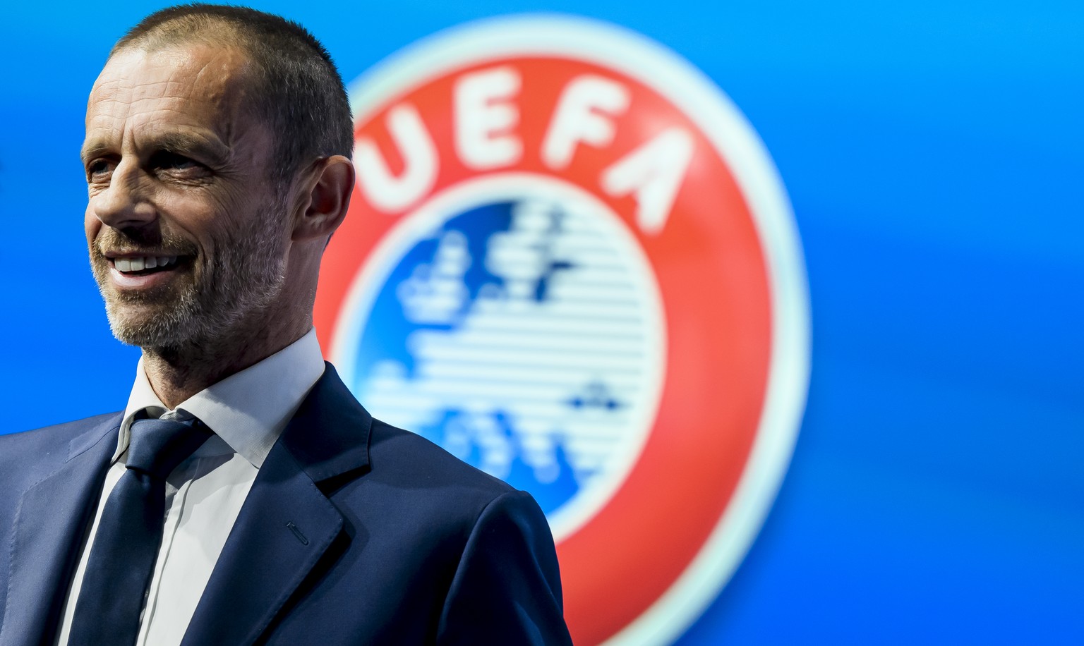 UEFA president Aleksander Ceferin reacts during a press conference after the meeting of the UEFA Executive Committee at the UEFA Headquarters, in Nyon, Switzerland, Thursday, April 7, 2022. (KEYSTONE/ ...