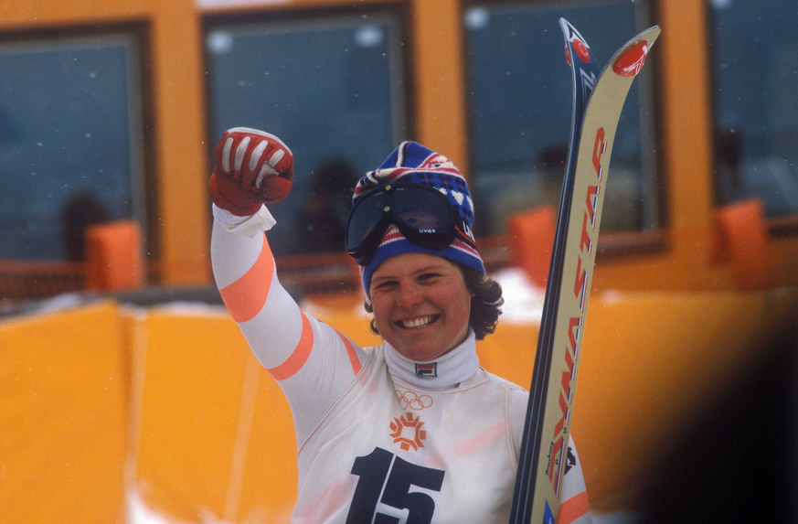 Olympiasiegerin Debbie Armstrong (USA) jubelt im Ziel - Riesenslalom Alpiner Skilauf OS Winter Damen Olympische Spiele 1984, Winterspiele, Ski Alpin, Skisport, Riesenslalom, Vdia Einzelbild Jahorina S ...