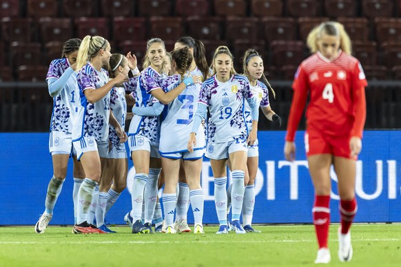Spains players celebrate after the 1-7 goal by Spain&#039;s forward Maite Oroz during the UEFA Nations League women&#039;s soccer match between Switzerland and Spain at the Letzigrund stadium in Zuric ...