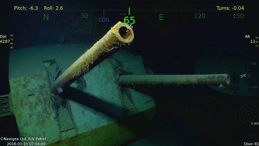 In this Monday, March 19, 2018, underwater video image courtesy by Paul Allen shows wreckage from the USS Juneau, a U.S. Navy ship sunk by the Japanese torpedoes 76 years ago, found in the South Pacif ...