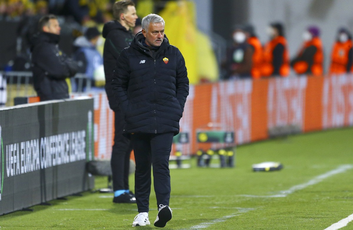 Roma coach Jose Mourinho during the Europa Conference League quarterfinal soccer match between Bodo Glimt and AS Roma at Aspmyra stadium, Bodo, Norway, Thursday April 7, 2022. (Mats Torbergsen/NTB via ...
