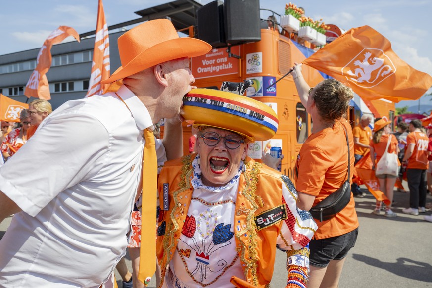 Supporters of Netherlands are seen at tha Stadion, prior the UEFA Women&#039;s EURO 2025 Group D soccer match between Wales and Netherlands in the city of Luzern, Switzerland, Saturday, July 5, 2025.  ...
