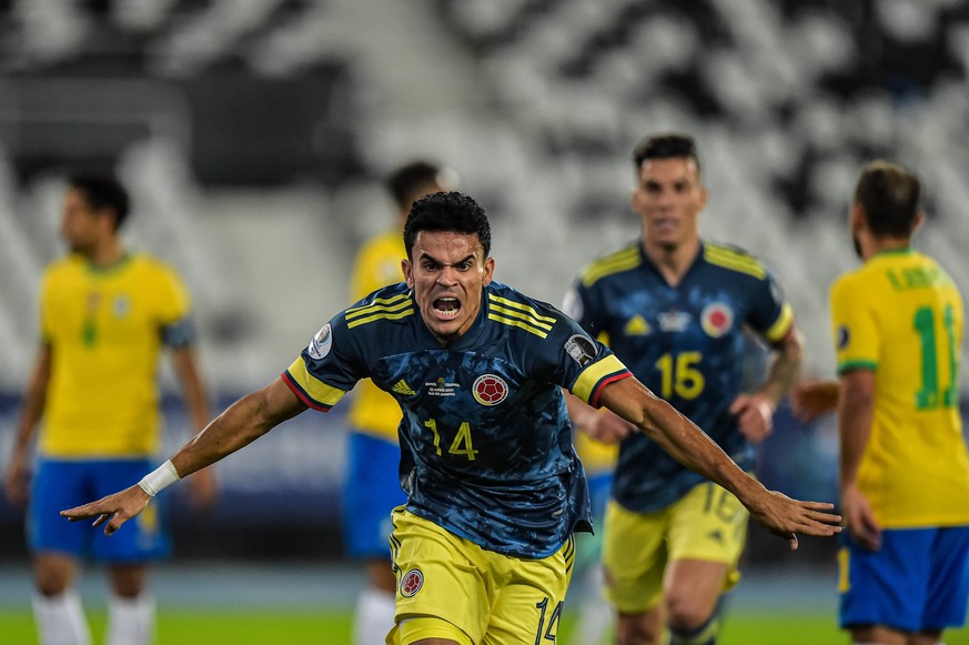 Brazil v Colombia: Group B - Copa America Brazil 2021 Luis Diaz Colombia player celebrates his goal during the Group B match between Brazil and Colombia as part of Copa America Brazil 2021 at Estadio  ...