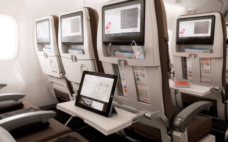 Was bieten die neuen 777 der Swiss? Unter anderem Wifi, 11-Zoll-Bildschirm und einen Kiosk mit Selbstbedienung