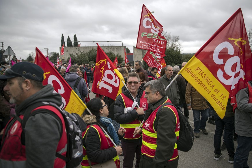 CGT union protesters gather at the provence power station in Gardanne, southern France, Thursday, Feb. 13, 2020. Protesters rallied against French President Emmanuel Macron&#039;s plans to overhaul th ...