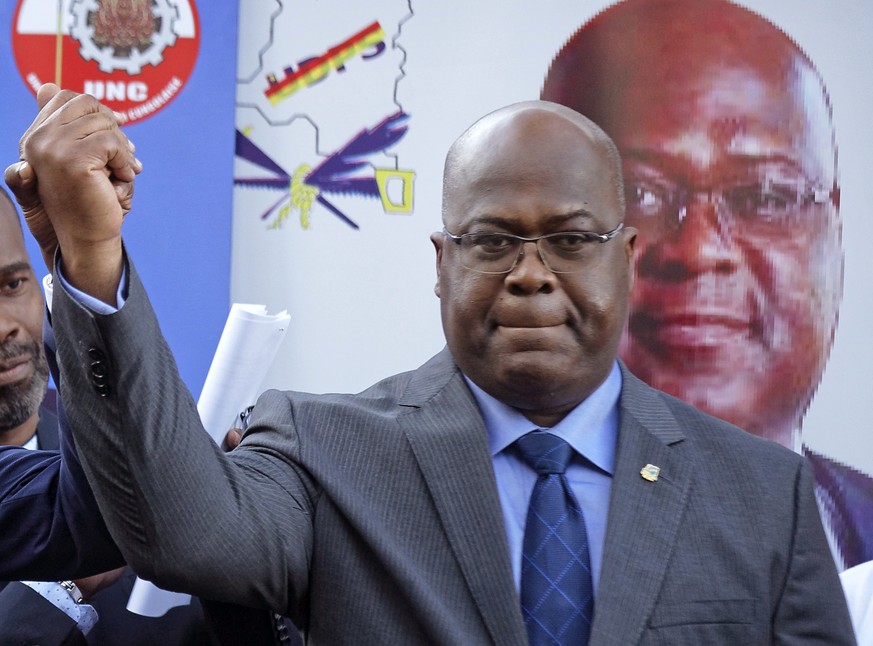 FILE - This Nov. 23, 2018, file photo shows Felix Tshisekedi of Congo&#039;s Union for Democracy and Social Progress opposition party, at a press conference in Nairobi, Kenya. Congo opposition leader  ...