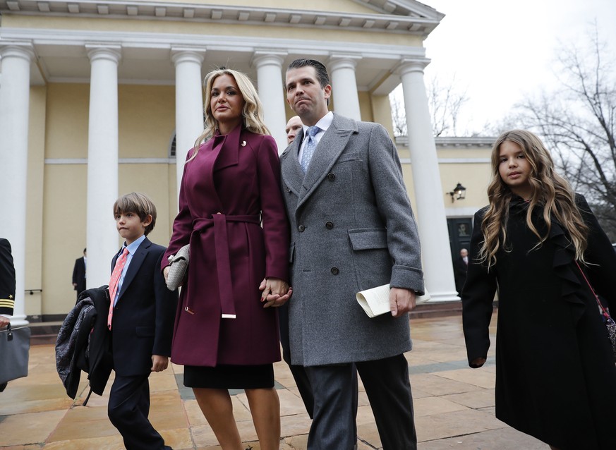 Donal Trump Jr., wife Vanessa Trump, and their children Donald Trump III, left, and Kai Trump, right, walk out together after attending church service at St. John&#039;s Episcopal Church across from t ...