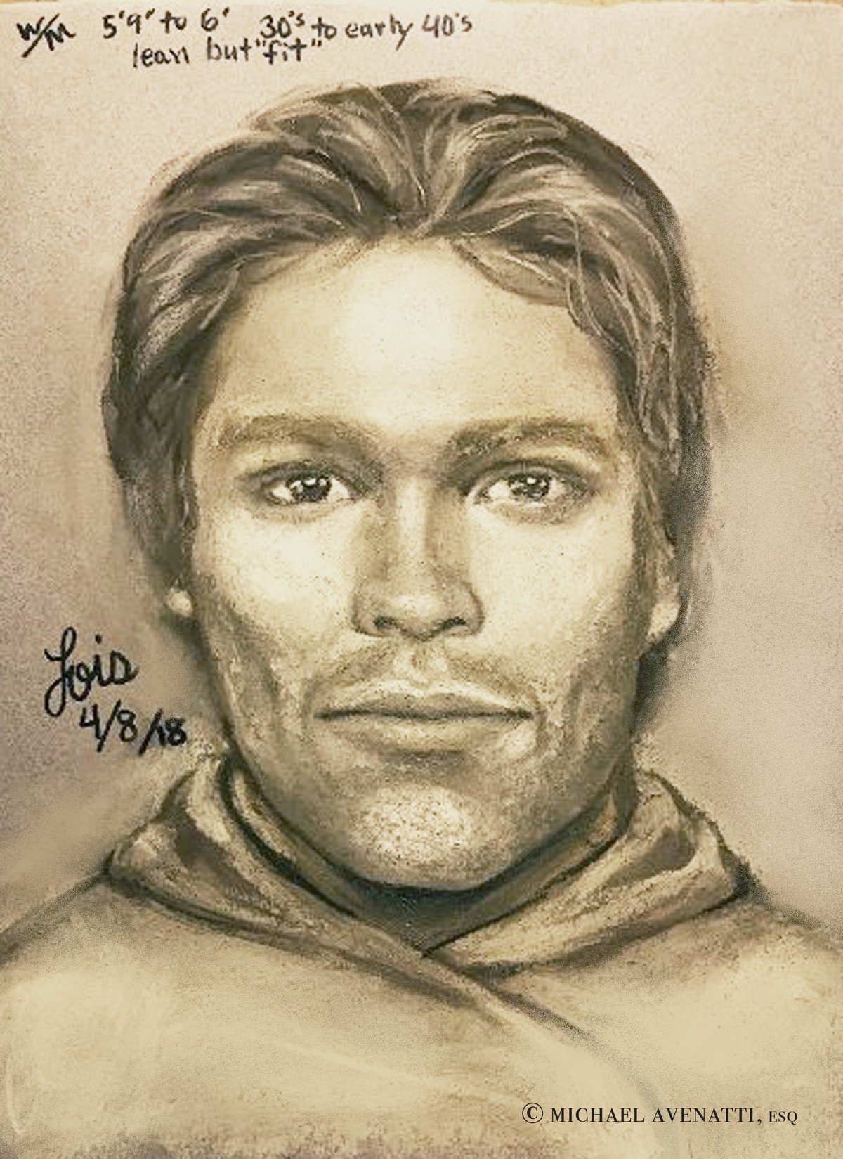 This artist's drawing released by attorney Michael Avenatti, purports to show the man that the adult film actress Stormy Daniels says threatened her in a Las Vegas parking lot in 2011 to remain q ...