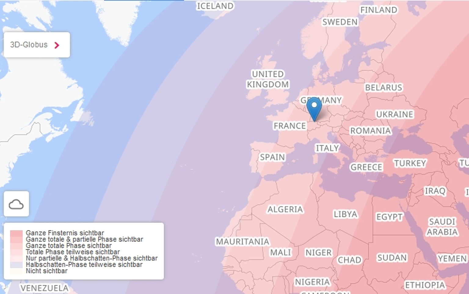 Karte: Sichtbarkeit der totalen Mondfinsternis vom 27. Juli 2018