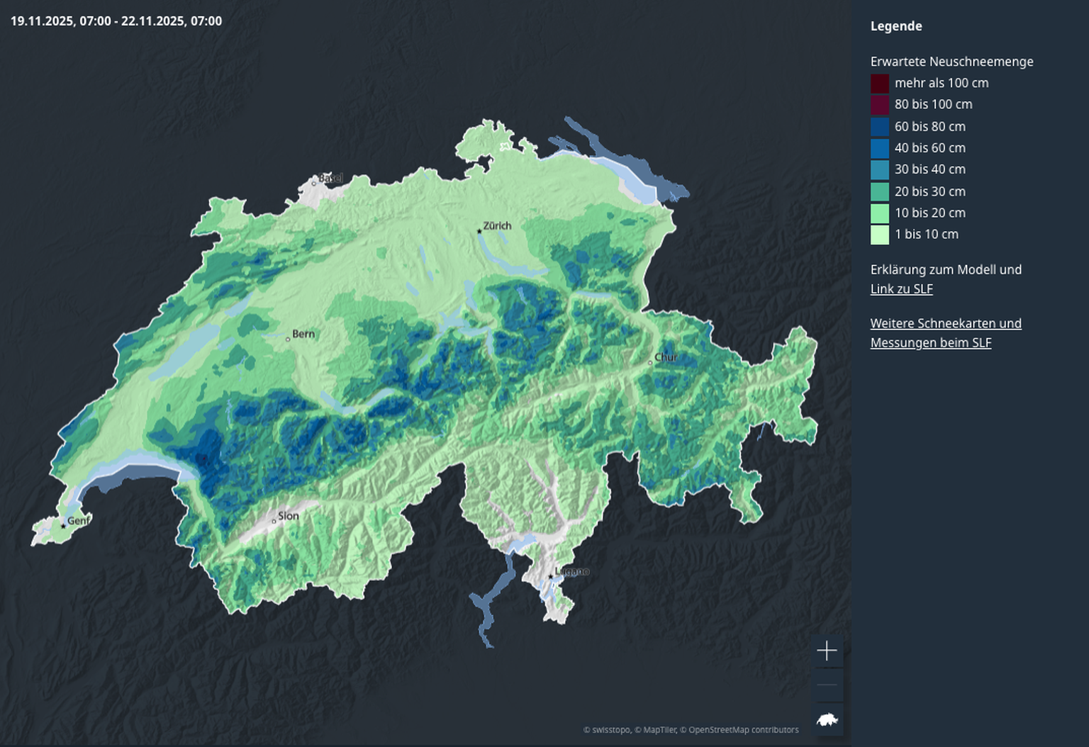 So viel Schnee fällt vom 20. bis 23. November 2025 laut Prognosen von MeteoSchweiz.