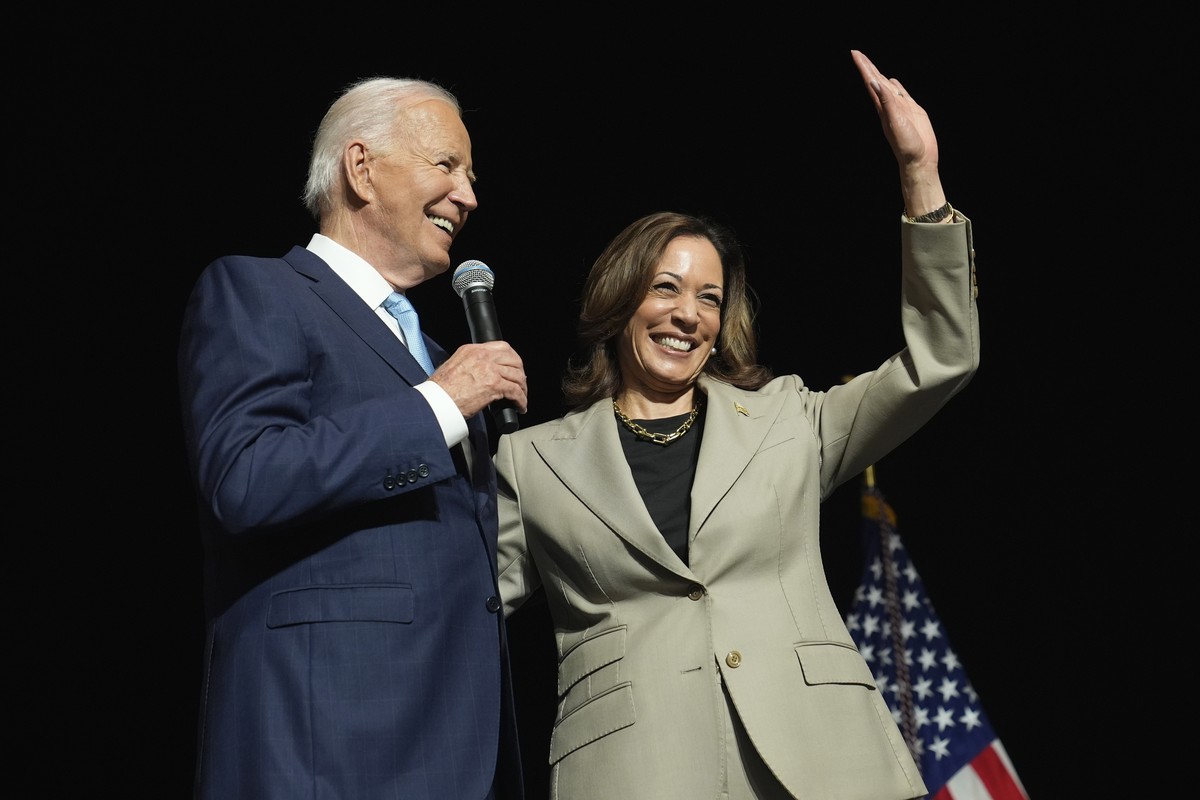 President Joe Biden, left, and Democratic presidential nominee Vice President Kamala Harris speak about the administration's efforts to lower prescription drug costs during an event at Prince Geo ...