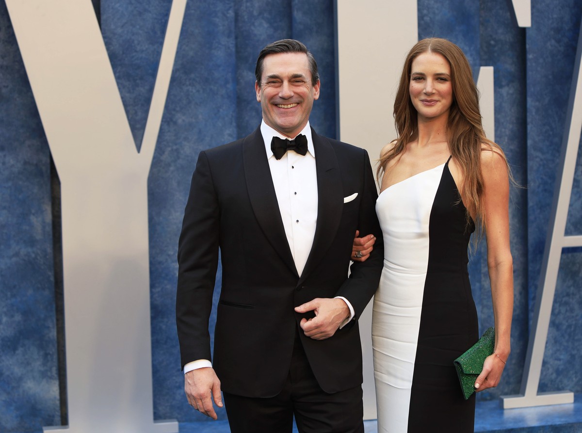 epa10520552 Jon Hamm and Anna Osceola arrive at the 2023 Vanity Fair Oscar Party following the 95th annual Academy Awards ceremony, at the Wallis Annenberg Center for the Performing Arts in Beverly Hi ...